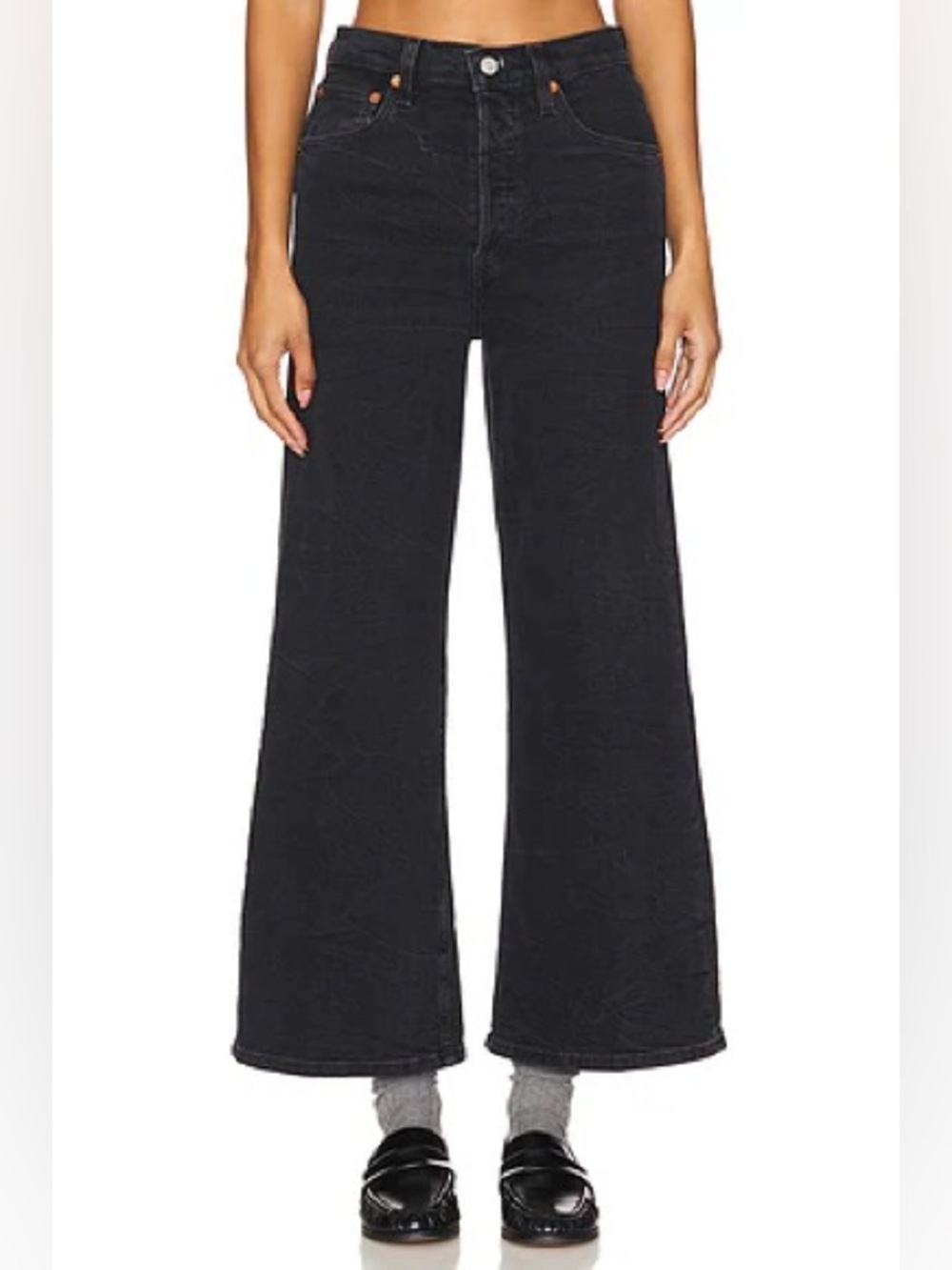 Re/Done Womens Jeans High Rise Wide Leg Crop Black Vein size 24 Button Fly